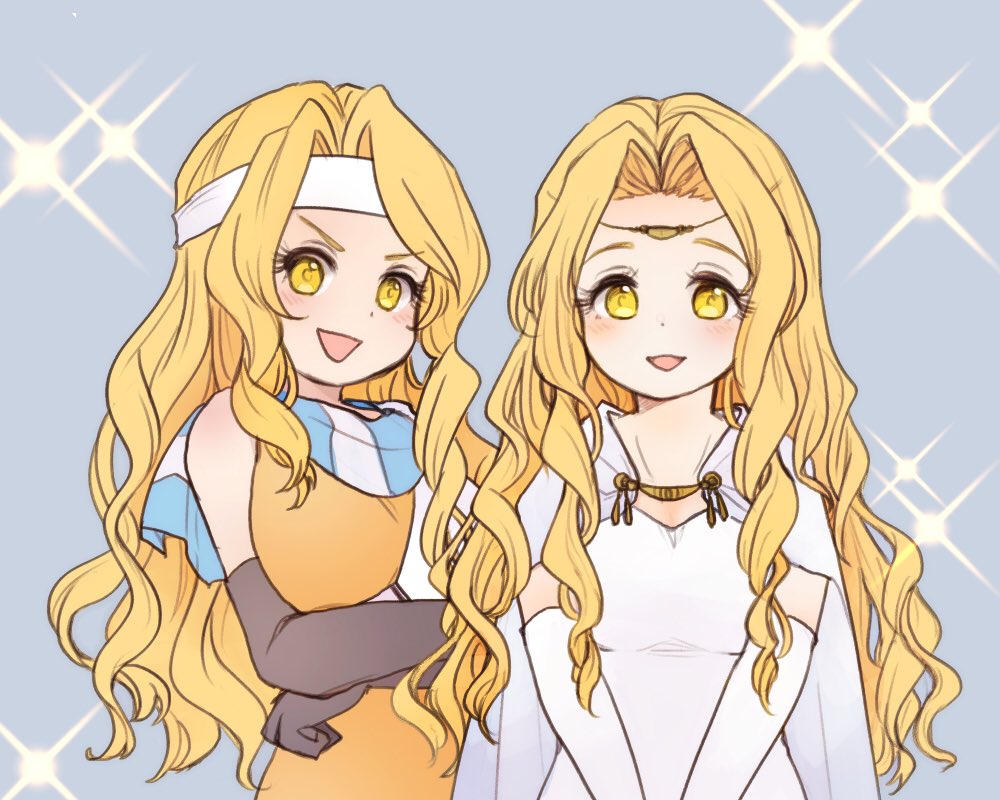 2girls blonde_hair brigid_(fire_emblem) circlet dress edain_(fire_emblem) fire_emblem fire_emblem:_genealogy_of_the_holy_war gloves headband looking_at_viewer multiple_girls open_mouth scarf siblings simple_background smile twins white_dress