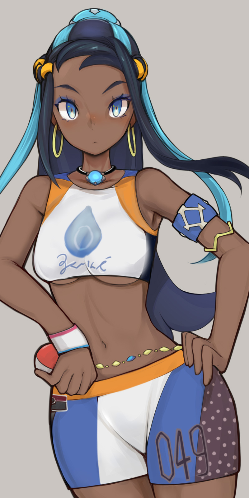 1girl :&lt; armlet bare_shoulders black_hair blue_eyes blue_eyeshadow blue_hair breasts closed_mouth cowboy_shot dark_skin earrings eyeshadow ginji74 grey_background gym_leader hand_on_hip highres holding holding_poke_ball hoop_earrings jewelry long_hair looking_at_viewer makeup medium_breasts multicolored_hair necklace number poke_ball poke_ball_(generic) pokemon pokemon_(game) pokemon_swsh rurina_(pokemon) solo swimsuit tankini two-tone_hair under_boob very_long_hair wristband