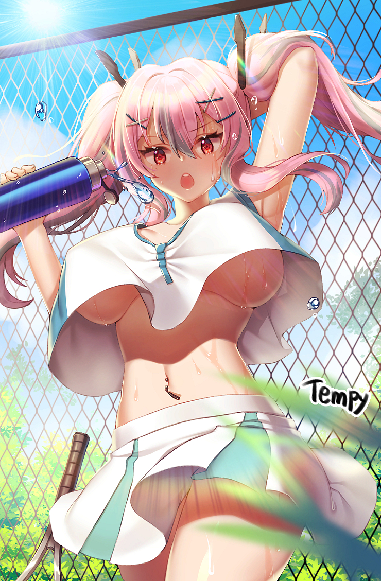 1girl armpits artist_name azur_lane bangs bare_shoulders blue_sky bottle bow breasts bremerton_(azur_lane) bremerton_(scorching-hot_training)_(azur_lane) chain-link_fence commentary cowboy_shot crop_top crop_top_overhang day fence grey_hair hair_between_eyes hair_bow hair_lift hair_ornament hairclip heart heart_necklace large_breasts long_hair looking_at_viewer mole mole_under_eye multicolored_hair navel_piercing open_mouth piercing pink_eyes pink_hair racket shiny shiny_skin shirt sky sleeveless sleeveless_shirt streaked_hair sun sunlight sweat tempi_(yise426) tree twintails two-tone_hair two-tone_shirt two-tone_skirt under_boob water_bottle x_hair_ornament