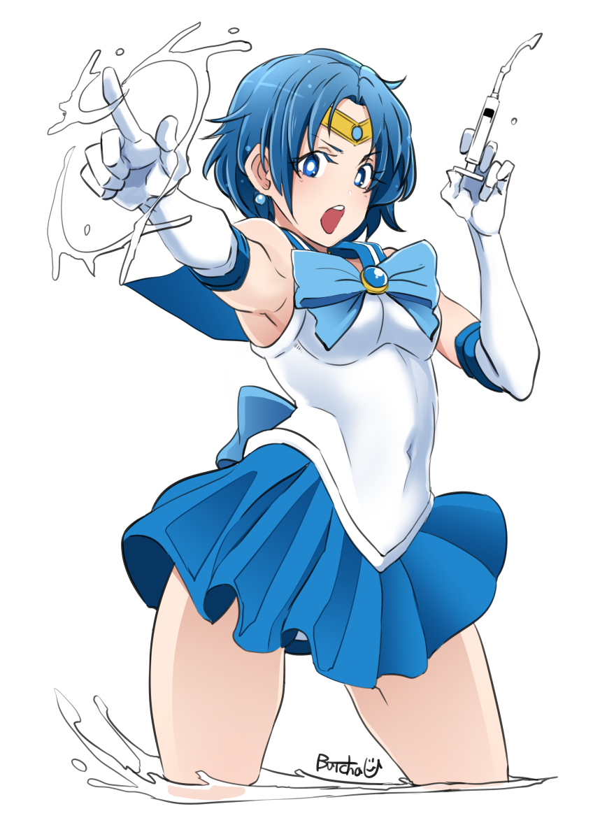 1girl bishoujo_senshi_sailor_moon blue_bow blue_eyes blue_hair blue_skirt bow breasts butcha-u circlet commentary_request contrapposto covered_navel cropped_legs earrings elbow_gloves gloves highres jewelry mizuno_ami open_mouth pointing pointing_forward sailor_collar sailor_mercury sailor_senshi_uniform short_hair skirt small_breasts solo syringe thighs water white_gloves