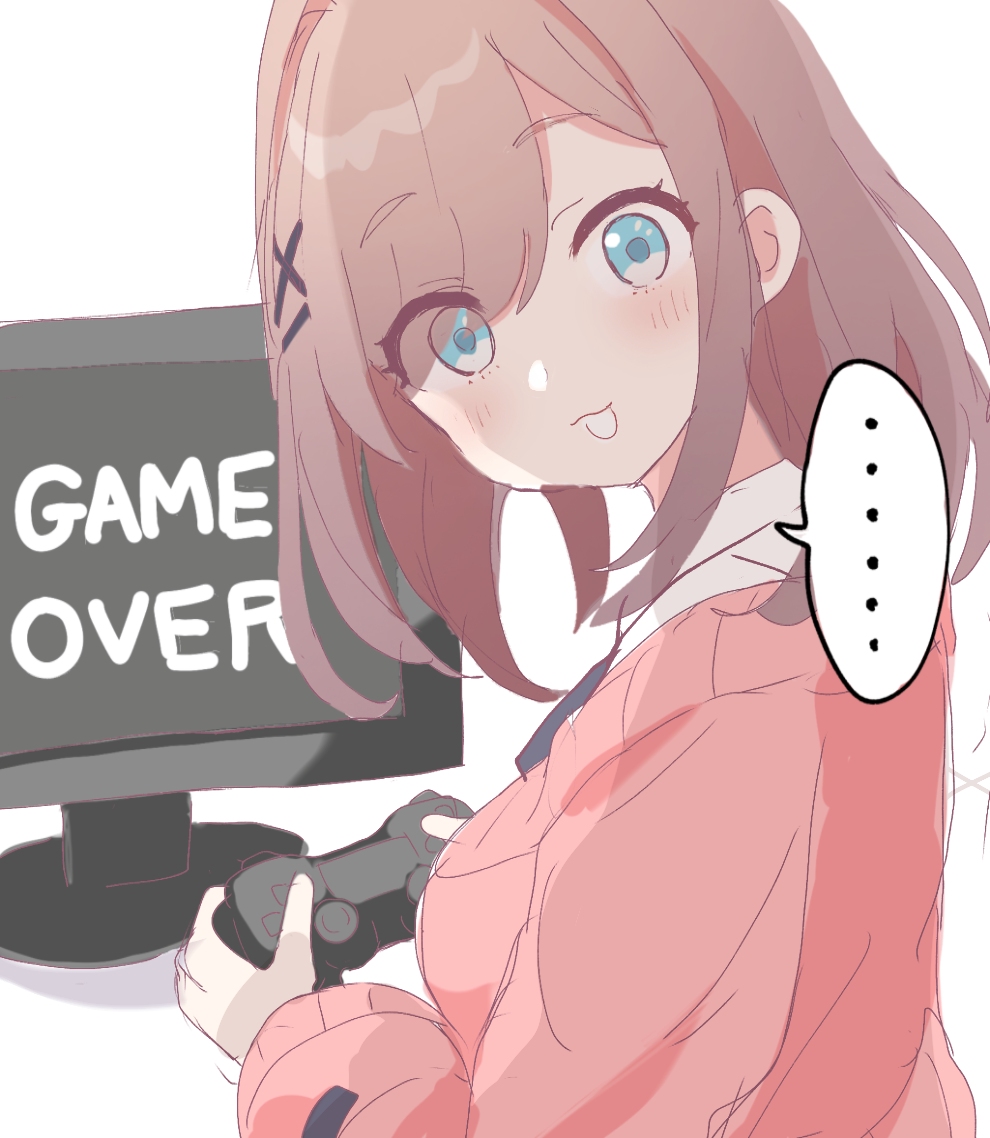 ... 1girl blue_eyes blush brown_hair cardigan collared_shirt controller flat_screen_tv game_controller game_over hair_ornament hairclip head_tilt holding long_sleeves looking_at_viewer looking_to_the_side nijisanji open_mouth pink_cardigan shirt simple_background solo spoken_ellipsis suzuhara_lulu tadanoshi_kabane television upper_body virtual_youtuber white_background white_shirt x_hair_ornament