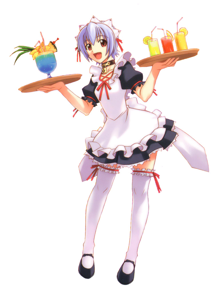 1girl artist_request blue_hair collar cup drinking_glass drinking_straw food fruit holding holding_tray izumi_ako mahou_sensei_negima! maid maid_headdress padlocked_collar red_eyes shoes smile solo source_request thigh-highs tray