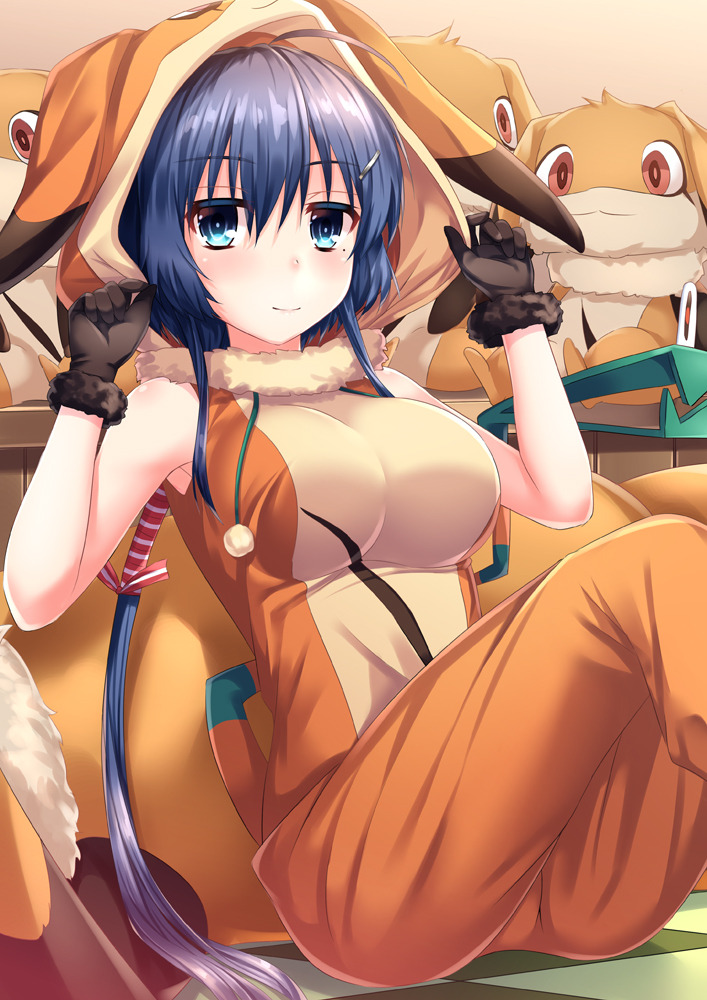 1girl ahoge animal_costume bangs bare_shoulders black_gloves blue_eyes blue_hair breasts checkered checkered_floor eyebrows_visible_through_hair fur-trimmed_gloves fur_trim gloves hair_ornament hairclip hood hood_up kmcgold30 large_breasts long_hair looking_at_viewer mole mole_under_eye setouchie_chie sidelocks sitting smile tied_hair toji_no_miko very_long_hair