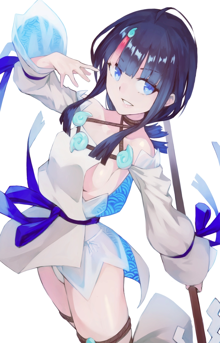 1girl bangs bare_shoulders black_hair blue_eyes blue_ribbon blush breasts chorogon collarbone detached_leggings dress fate/grand_order fate/requiem fate_(series) fundoshi highres japanese_clothes jewelry large_breasts long_sleeves looking_at_viewer magatama magatama_hair_ornament medium_hair multicolored_hair necklace pelvic_curtain pink_hair polearm puffy_long_sleeves puffy_sleeves ribbon short_dress sideboob sideless_outfit smile spear streaked_hair thighs utsumi_erise weapon white_dress white_legwear