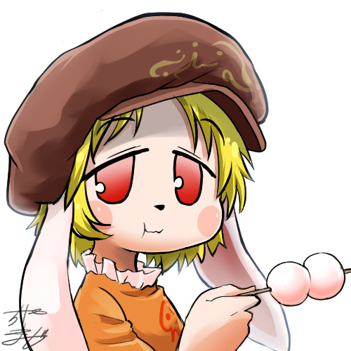 1girl animal_ears avatar_icon blonde_hair blush_stickers cabbie_hat chamaji close-up dango eating eyebrows_visible_through_hair food frills hat holding holding_food looking_at_viewer lowres orange_shirt rabbit_ears red_eyes ringo_(touhou) shirt short_hair signature simple_background solo stick touhou upper_body wagashi white_background