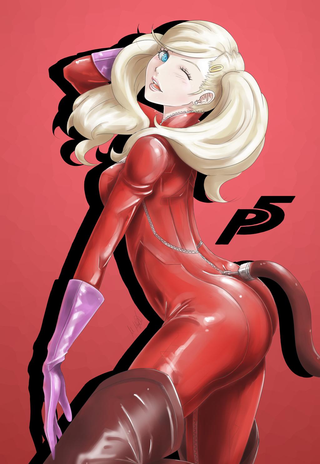 1girl arm_behind_head ass blonde_hair blue_eyes bodysuit boots breasts cat_tail earrings fake_tail full-length_zipper gloves highres jewelry latex looking_at_viewer markus_moeller medium_breasts no_mask one_eye_closed open_mouth persona persona_5 pink_gloves pose red_background red_bodysuit red_footwear smile solo stud_earrings tail takamaki_anne thigh-highs thigh_boots zipper