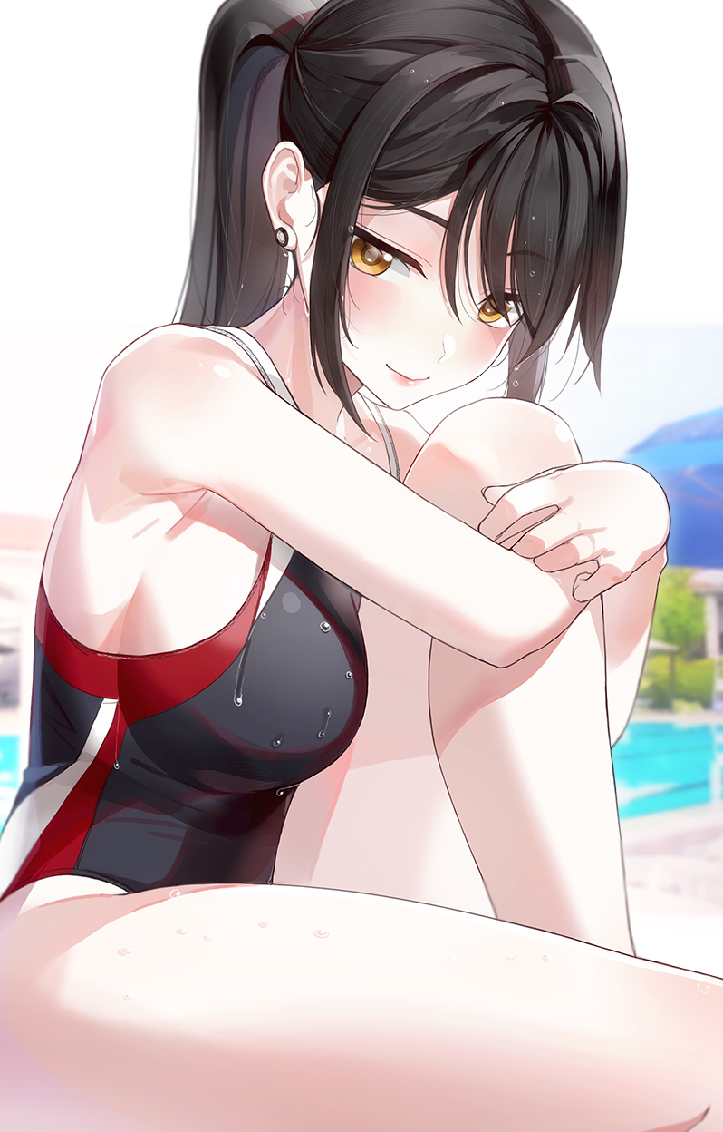 1girl bangs bare_arms bare_legs bare_shoulders black_hair black_swimsuit breasts brown_eyes commentary_request competition_swimsuit earrings eyebrows_visible_through_hair highres jewelry kfr large_breasts looking_at_viewer multicolored multicolored_clothes multicolored_swimsuit one-piece_swimsuit original outdoors red_swimsuit smile solo swimsuit water wet wet_clothes wet_swimsuit white_swimsuit