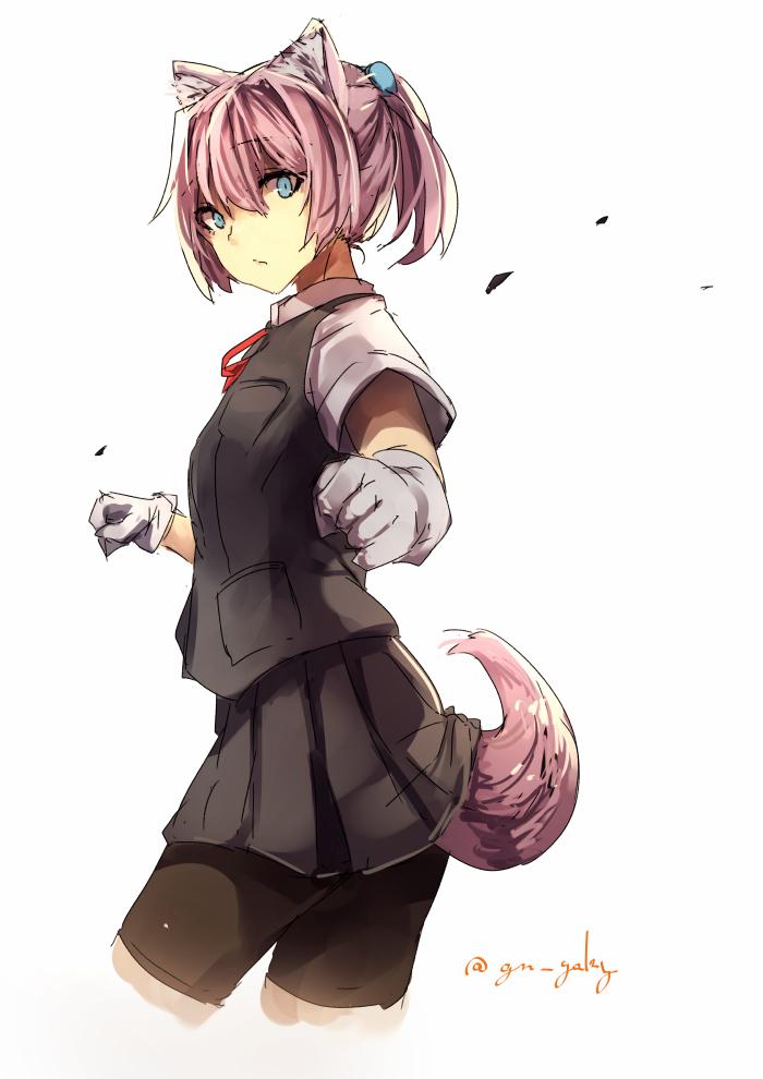 1girl animal_ears bike_shorts black_skirt black_vest blue_eyes closed_mouth dog_ears dog_tail gloves kantai_collection kemonomimi_mode kyouya_(mukuro238) looking_at_viewer pink_eyes pink_hair pleated_skirt ponytail shiranui_(kantai_collection) shirt short_hair short_sleeves simple_background skirt solo tail twitter_username vest white_background white_gloves white_shirt