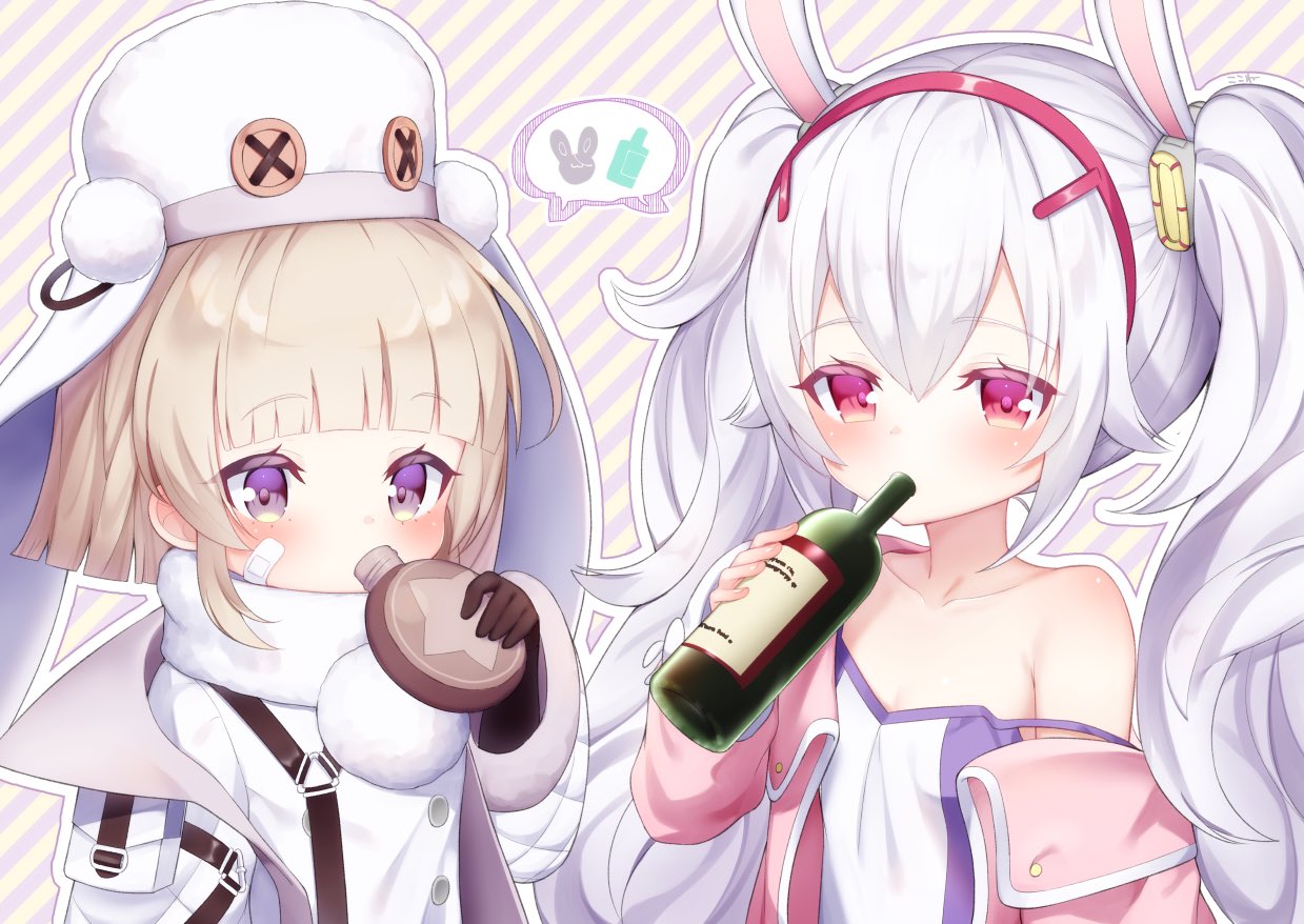 2girls animal_ears azur_lane bandaid bandaid_on_cheek bangs blush bottle brown_gloves camisole canteen commentary_request diagonal_stripes drinking eyebrows_visible_through_hair fake_animal_ears fur-trimmed_sleeves fur_hat fur_trim gloves grozny_(azur_lane) hair_between_eyes hair_ornament hairband hand_up hat holding holding_bottle jacket koko_ne_(user_fpm6842) laffey_(azur_lane) light_brown_hair long_hair long_sleeves multiple_girls open_clothes open_jacket pink_jacket rabbit_ears red_eyes red_hairband scarf shirt silver_hair star strap_slip striped striped_background twintails upper_body violet_eyes white_camisole white_headwear white_jacket white_scarf white_shirt wide_sleeves