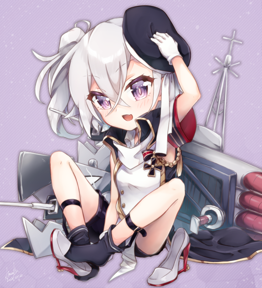 1girl :d age_regression armband armpits azur_lane bangs beret between_legs black_legwear black_shorts blush buttons coattails commentary_request crossed_bangs dated eyebrows_visible_through_hair fang footwear_removed full_body gloves hair_between_eyes hand_between_legs hat hat_ribbon high_heels holding holding_hat iron_cross ironblood_rigging leg_belt long_hair looking_at_viewer loose_socks machinery maple_may-gumi open_mouth purple_background ribbon rigging rudder_footwear shirt shorts sidelocks signature silver_hair simple_background sitting skin_fang sleeveless sleeveless_shirt smile socks solo torpedo violet_eyes white_gloves white_ribbon white_shirt younger z1_leberecht_maass_(azur_lane)