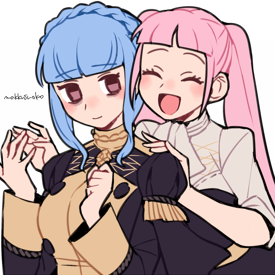 2girls artist_name blue_hair braid brown_eyes closed_eyes closed_mouth crown_braid do_m_kaeru fire_emblem fire_emblem:_three_houses garreg_mach_monastery_uniform hilda_valentine_goneril long_hair long_sleeves marianne_von_edmund multiple_girls open_mouth pink_hair simple_background twintails uniform upper_body white_background