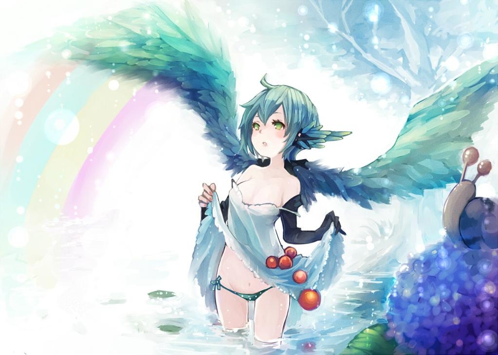 1girl blue_hair chobi_(sakuyasakuhana) dress dress_lift food fruit green_eyes off_shoulder panties rainbow road_to_dragons snail underwear water white_dress wings