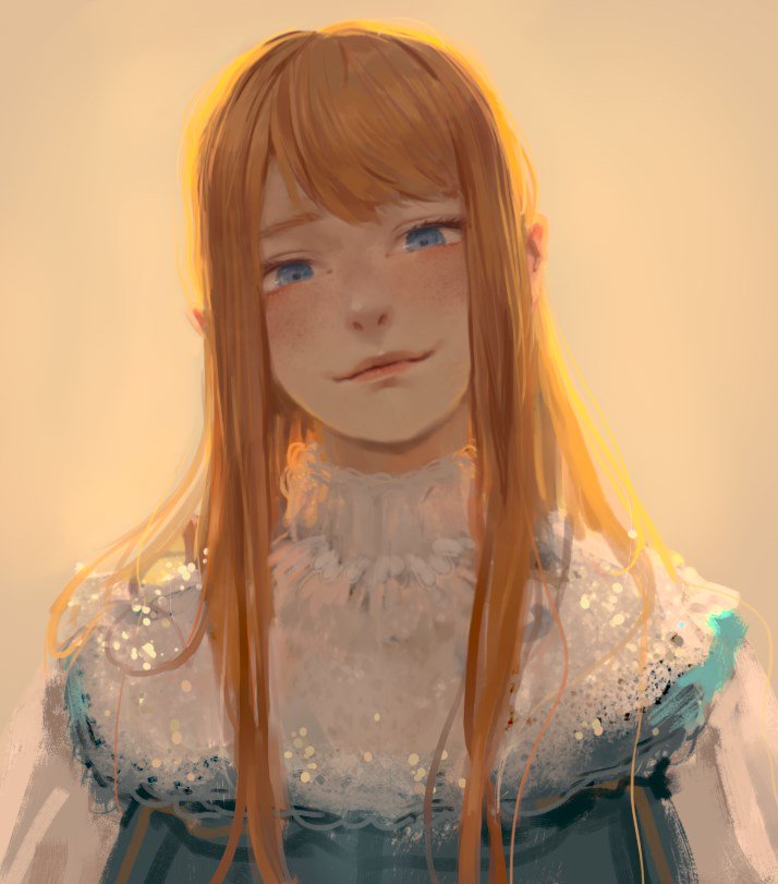 1girl blue_dress blue_eyes commentary dress freckles fur_trim head_tilt long_hair looking_at_viewer noccu orange_hair original simple_background smile solo upper_body yellow_background