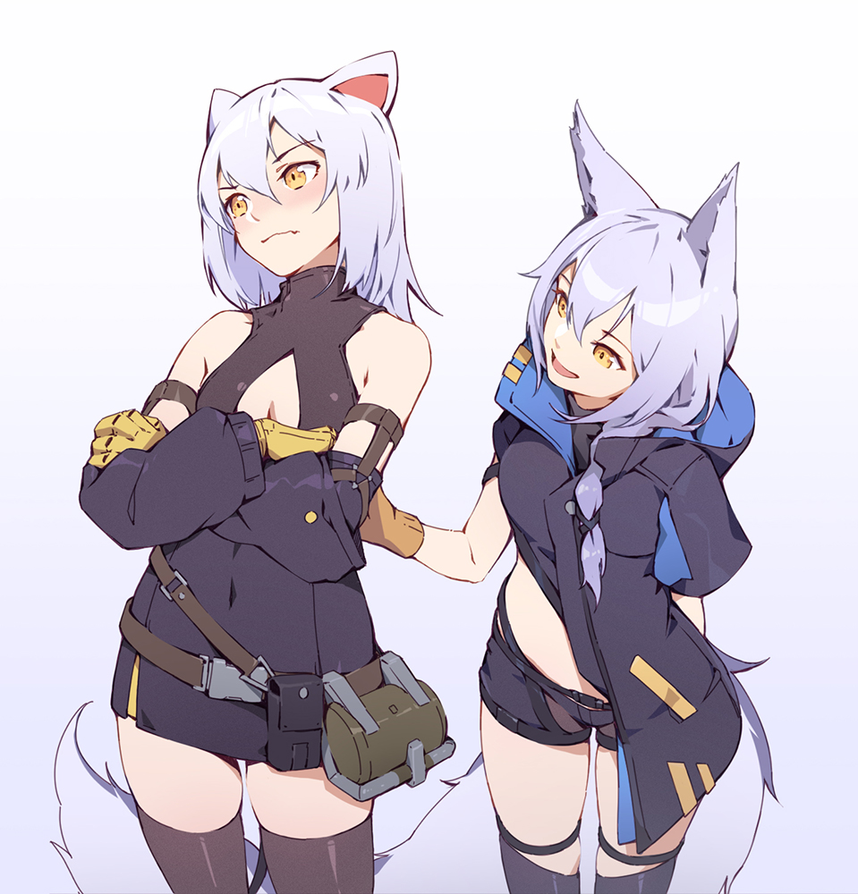 2girls :d animal_ears arknights arm_behind_back bangs bare_shoulders belt black_legwear black_shorts blush brown_belt brown_gloves chinese_commentary commentary_request cowboy_shot detached_sleeves dress eyebrows_visible_through_hair gloves gradient gradient_background grey_background hair_between_eyes head_tilt high_collar jacket large_tail long_hair long_sleeves looking_at_another looking_to_the_side midriff mouse_ears multiple_girls nian open_mouth pouch provence_(arknights) purple_dress purple_jacket scavenger_(arknights) short_dress short_hair short_shorts short_sleeves shorts silver_hair smile standing tail thigh-highs thighs white_background wolf_ears wolf_tail yellow_eyes yellow_gloves zettai_ryouiki