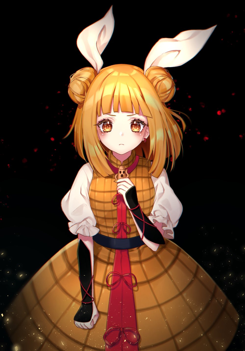 1girl bangs black_background blunt_bangs clenched_hand commentary_request cowboy_shot double_bun dress fingernails hair_ribbon hand_up haniwa_(statue) highres jewelry joutouguu_mayumi kyouda_suzuka long_fingernails looking_at_viewer puffy_short_sleeves puffy_sleeves ribbon shirt short_sleeves single_earring solo touhou vambraces white_ribbon white_shirt yellow_dress yellow_eyes yellow_nails