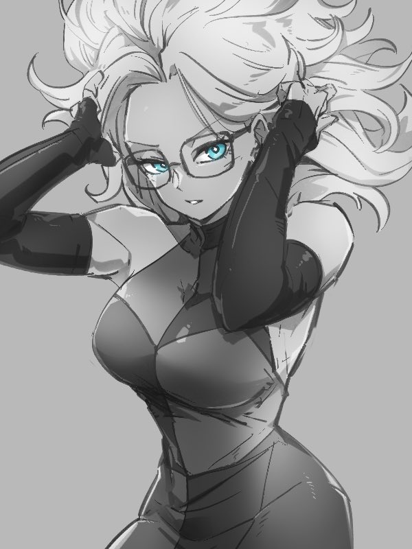 1girl android_21 blue_eyes breasts checkered checkered_dress detached_sleeves dragon_ball dragon_ball_fighterz dress glasses grey_background greyscale hands_up kemachiku large_breasts looking_at_viewer monochrome short_hair skirt solo