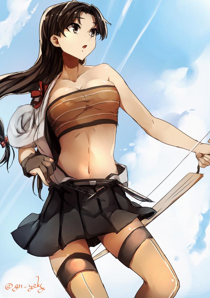 1girl belt black_skirt blue_background blue_sky bow_(weapon) breasts brown_eyes brown_gloves brown_hair clouds cloudy_sky commentary_request floating_hair gloves grey_legwear hair_ribbon holding holding_bow_(weapon) holding_weapon kantai_collection kyouya_(mukuro238) large_breasts long_hair parted_lips partly_fingerless_gloves pleated_skirt ribbon shouhou_(kantai_collection) single_bare_shoulder single_glove skirt sky solo thigh-highs tress_ribbon twitter_username weapon