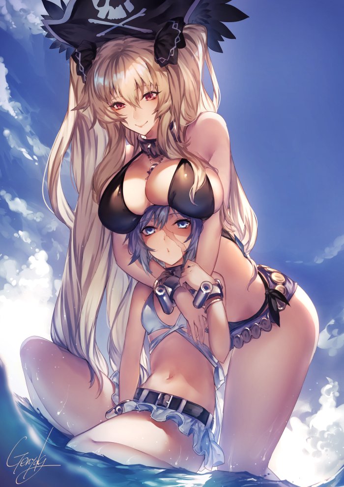 2girls anne_bonny_(fate/grand_order) anne_bonny_(swimsuit_archer)_(fate) belt bikini bikini_skirt blonde_hair blue_bikini blue_eyes blue_hair blue_sky breasts closed_mouth clouds cloudy_sky day fate/grand_order fate_(series) hair_ornament hat kyouya_(mukuro238) large_breasts long_hair looking_at_viewer mary_read_(fate/grand_order) mary_read_(swimsuit_archer)_(fate) multiple_girls navel pirate_hat red_eyes scar signature sky small_breasts smile swimsuit very_long_hair wading