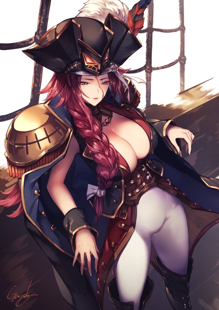 1girl blue_eyes boots braid breasts closed_mouth fate/grand_order fate_(series) francis_drake_(fate) hat hat_feather jacket_on_shoulders knee_boots kyouya_(mukuro238) large_breasts looking_at_viewer pants plume redhead scar ship signature solo standing underbust watercraft white_background white_pants