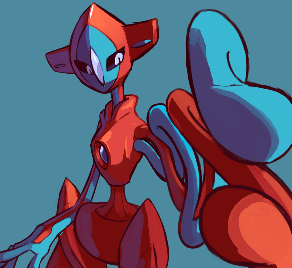 blue_background commentary creature deoxys deoxys_(normal) english_commentary gen_3_pokemon limb92 no_humans pokemon pokemon_(creature) simple_background solo upper_body