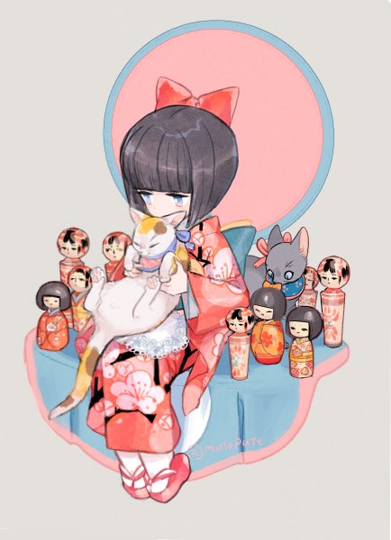 1girl bangs black_hair blunt_bangs bow cat cloth grey_cat hair_bow holding holding_cat japanese_clothes kimono l_hakase original pink_footwear red_bow sandals short_hair sitting socks solo white_legwear