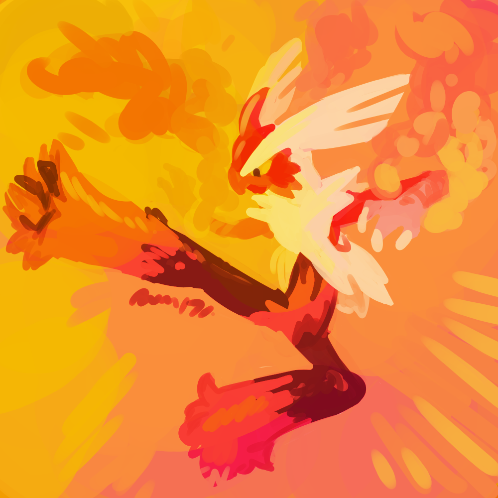 blaziken commentary creature english_commentary fire full_body jumping kicking mega_blaziken mega_pokemon no_humans pokemon pokemon_(creature) rubin signature solo