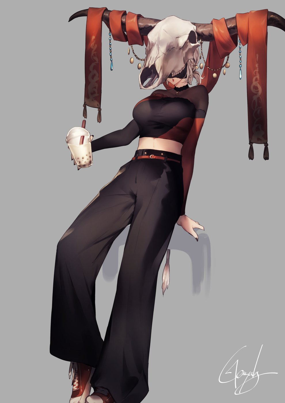 1girl animal_skull antlers_girl_(kyouya) belt black_dress black_nails black_pants breasts closed_mouth cup dress drinking_straw fingernails food grey_background highres holding holding_cup horn_ornament horned_headwear ice_cream kyouya_(mukuro238) large_breasts leaning_back lipstick long_sleeves makeup midriff original pants reclining red_footwear red_lips red_lipstick shoes signature simple_background sneakers solo