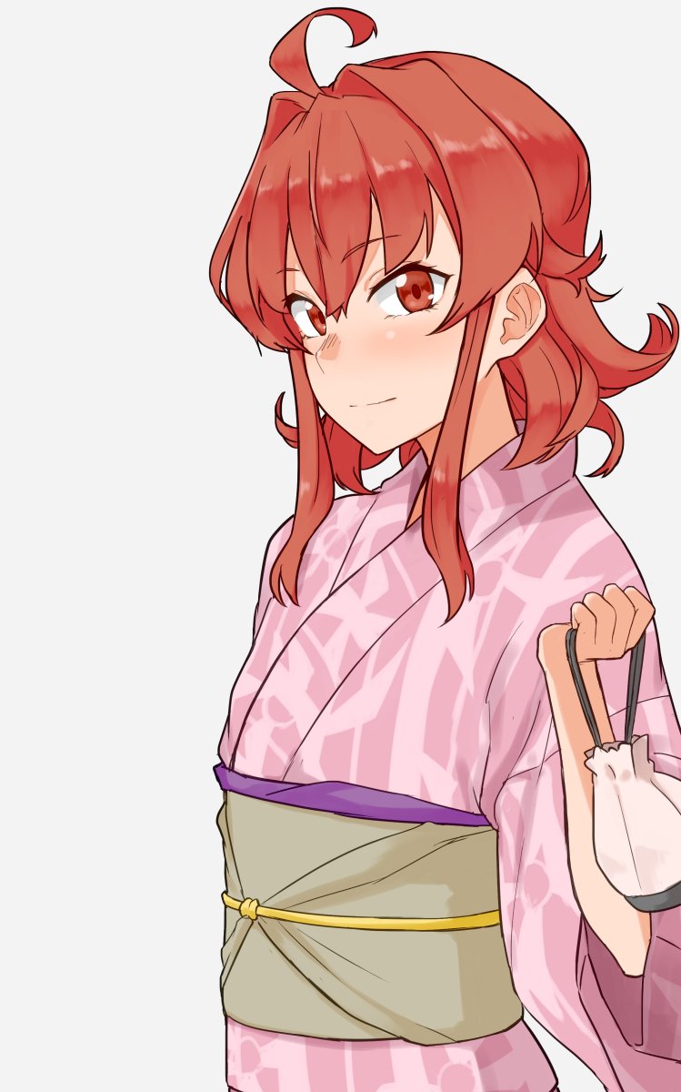 1girl ahoge alternate_costume arashi_(kantai_collection) bag commentary_request highres japanese_clothes kantai_collection kimono looking_at_viewer medium_hair obi pink_kimono red_eyes redhead sash satchel short_hair simple_background solo tsurugi_muda upper_body white_background yukata