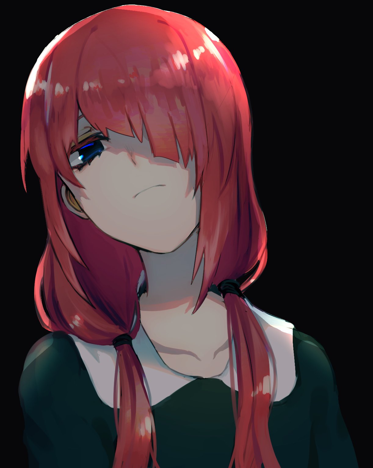 1girl black_background blue_eyes buttoniris closed_mouth commentary disgust dress english_commentary green_dress hair_tie highres long_hair looking_at_viewer low_twintails original red-haired_girl_(buttoniris) redhead simple_background solo twintails