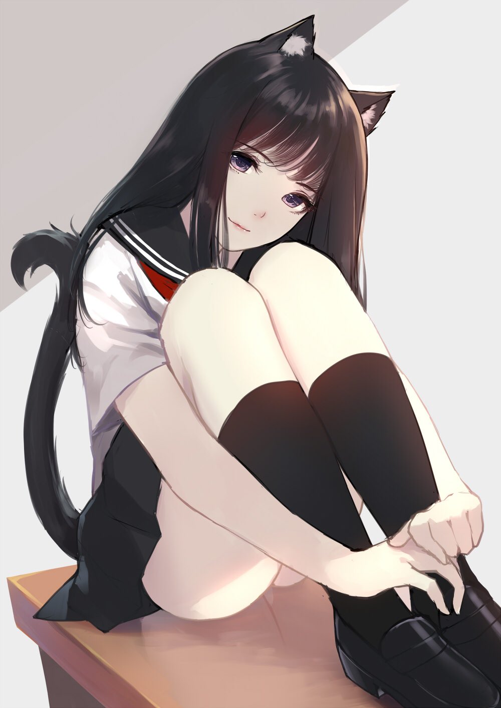 1girl animal_ears bangs black_footwear black_hair black_legwear black_skirt caidychen cat_ears closed_mouth commentary eyebrows_visible_through_hair foot_out_of_frame head_tilt highres kneehighs knees_to_chest knees_up legs_together light_smile loafers long_hair looking_at_viewer neckerchief original own_hands_together panties pantyshot pantyshot_(reflection) pleated_skirt red_neckwear reflection school_uniform serafuku shirt shoes short_sleeves sitting skirt solo straight_hair table tail underwear violet_eyes white_shirt