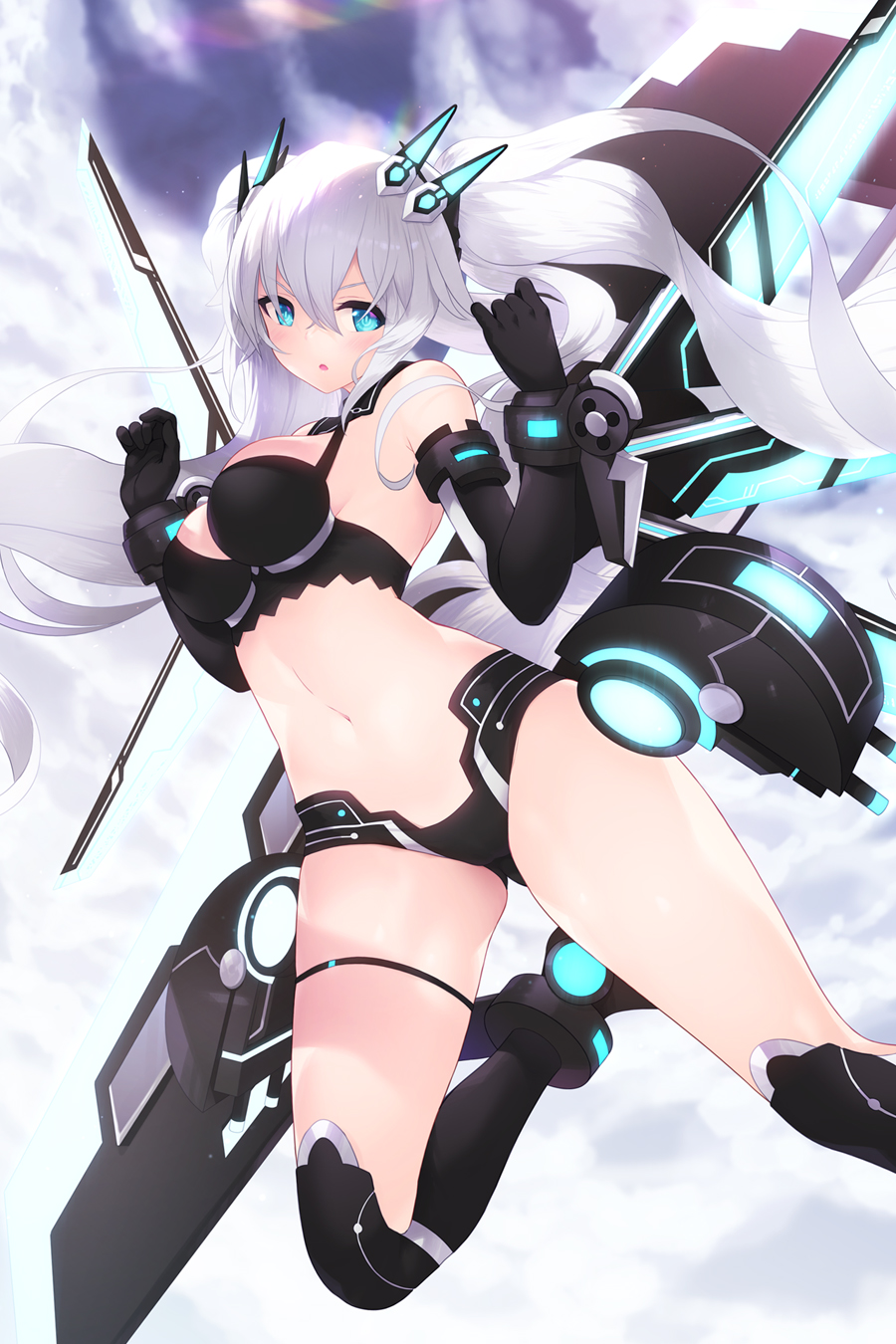1girl black_heart black_legwear blue_eyes breasts cait choujigen_game_neptune flying glowing highres huge_weapon long_hair looking_at_viewer medium_breasts navel neptune_(series) silver_hair solo stomach thigh-highs thigh_strap very_long_hair weapon