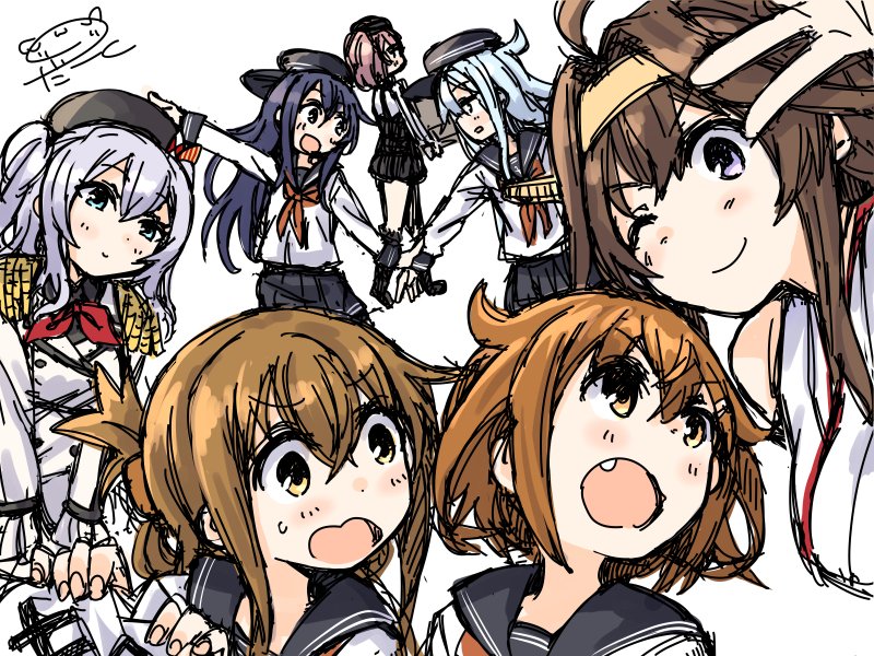 6+girls ahoge akatsuki_(kantai_collection) atlanta_(kantai_collection) bangs beret black_headwear blush breasts brown_hair darkside epaulettes eyebrows_visible_through_hair fang flat_cap folded_ponytail hat headgear hibiki_(kantai_collection) ikazuchi_(kantai_collection) inazuma_(kantai_collection) kantai_collection kashima_(kantai_collection) kongou_(kantai_collection) long_hair military military_uniform multiple_girls one_eye_closed open_mouth ponytail purple_hair red_neckwear sailor_collar school_uniform serafuku short_hair signature silver_hair simple_background skirt smile sweat twintails uniform v white_background