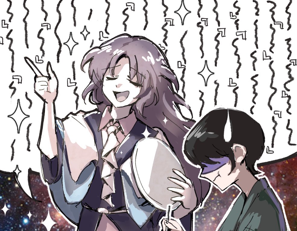 1boy 1other androgynous book_of_the_cafe capelet clause closed_eyes coat eating faceless faceless_male len'en long_hair necktie purple_hair shaded_face silver_yes_yes smile tray