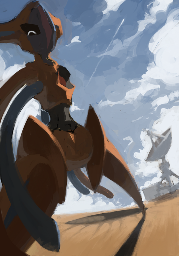 clouds cloudy_sky commentary creature deoxys deoxys_(normal) desert dreishzu english_commentary gen_3_pokemon legs_apart looking_at_viewer no_humans outdoors pokemon pokemon_(creature) satellite_dish shadow sky standing