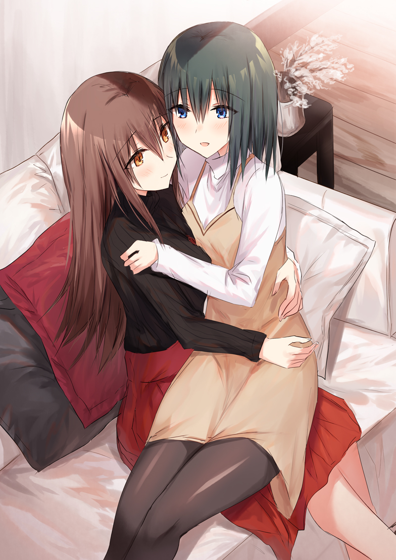 2girls :d bangs black_hair black_legwear black_sweater blue_eyes blush brown_dress brown_eyes brown_hair closed_mouth couch dress eye_contact eyebrows_visible_through_hair feet_out_of_frame hair_between_eyes indoors kinona long_hair long_sleeves looking_at_another multiple_girls on_couch open_mouth original pantyhose pillow plant potted_plant red_skirt ribbed_sweater shirt sitting sitting_on_lap sitting_on_person skirt sleeveless sleeveless_dress sleeves_past_wrists smile sweater table turtleneck turtleneck_sweater very_long_hair white_shirt wooden_floor yuri