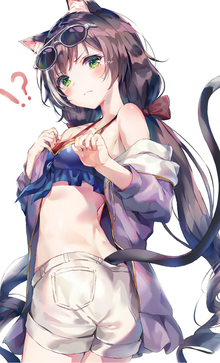!? 1girl animal_ear_fluff animal_ears ass bare_shoulders bikini bikini_top black_hair blue_bikini cat_ears cat_girl cat_tail cowboy_shot eyewear_on_head green_eyes halter_top halterneck highres huwali_(dnwls3010) jacket kyaru_(princess_connect) long_hair looking_at_viewer low_twintails multicolored_hair off_shoulder open_clothes open_jacket princess_connect! princess_connect!_re:dive purple_jacket short_shorts shorts simple_background solo streaked_hair sunglasses sweat swimsuit tail tearing_up twintails v-shaped_eyebrows very_long_hair white-framed_eyewear white_background white_shorts