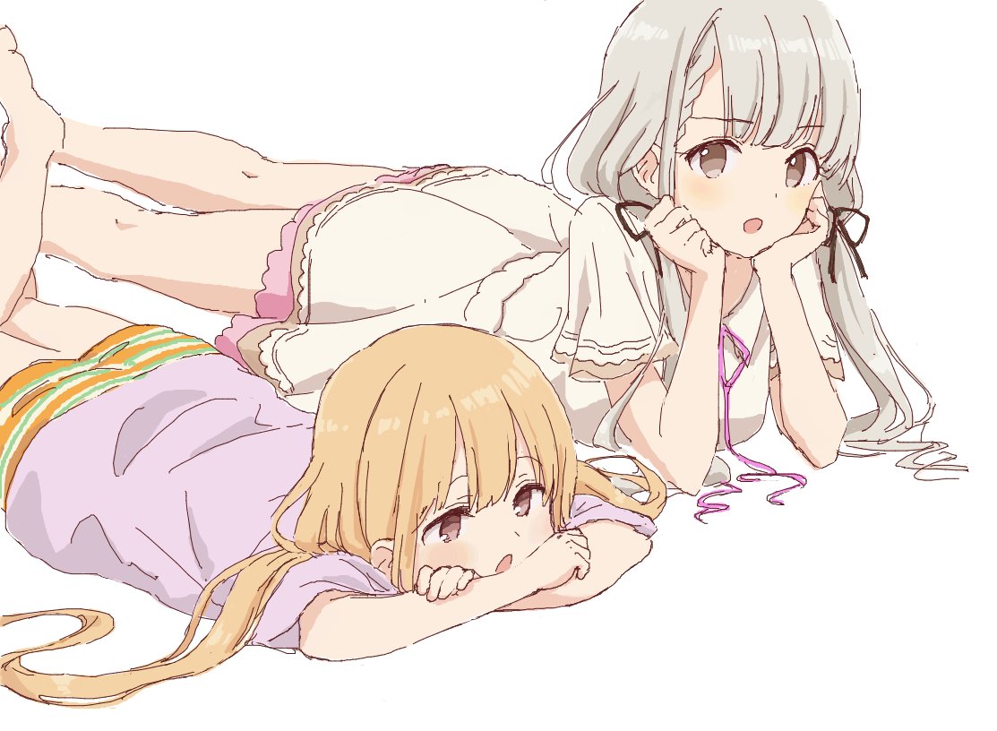 2girls a-1_pictures bandai_namco bangs black_ribbon blonde_hair blush braid brown_eyes crossed_arms cute dress feet_out_of_frame futaba_anzu grey_hair hair_ribbon head_rest hisakawa_nagi idolmaster idolmaster_cinderella_girls loli long_hair looking_at_another low_twintails lying moe multiple_girls on_stomach open_mouth purple_shirt ribbon shirt short_sleeves shorts simple_background sketch teenage toreso twintails white_background white_dress