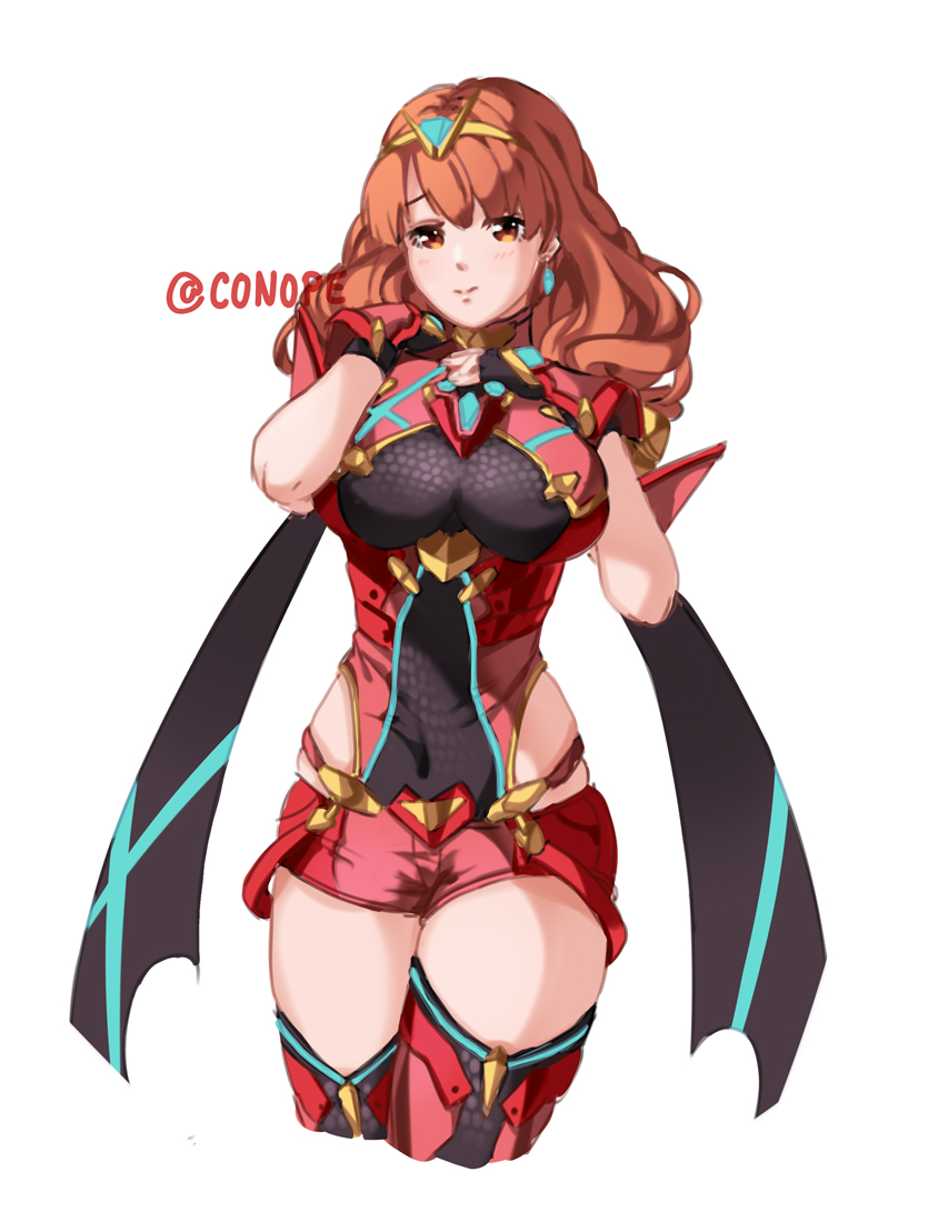 1girl blush breasts celica_(fire_emblem) conope cosplay covered_navel cowboy_shot earrings fingerless_gloves fire_emblem fire_emblem_echoes:_shadows_of_valentia gloves headpiece pyra_(xenoblade) pyra_(xenoblade)_(cosplay) jewelry large_breasts long_hair orange_eyes orange_hair short_shorts shorts simple_background smile solo thigh-highs tiara white_background xenoblade_(series) xenoblade_2