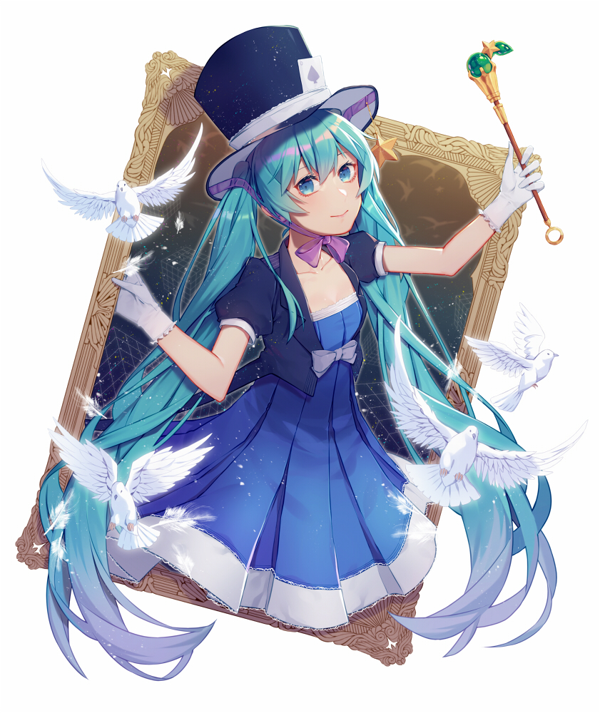 1girl ace_of_spades aqua_eyes aqua_hair bird blue_dress blue_headwear blue_jacket bow bowtie card collarbone dove dress feathers gloves hat hatsune_miku holding holding_wand jacket magical_mirai_(vocaloid) painting_(object) playing_card solo star striped top_hat twintails upper_body vertical_stripes vocaloid wand wenz white_background white_gloves