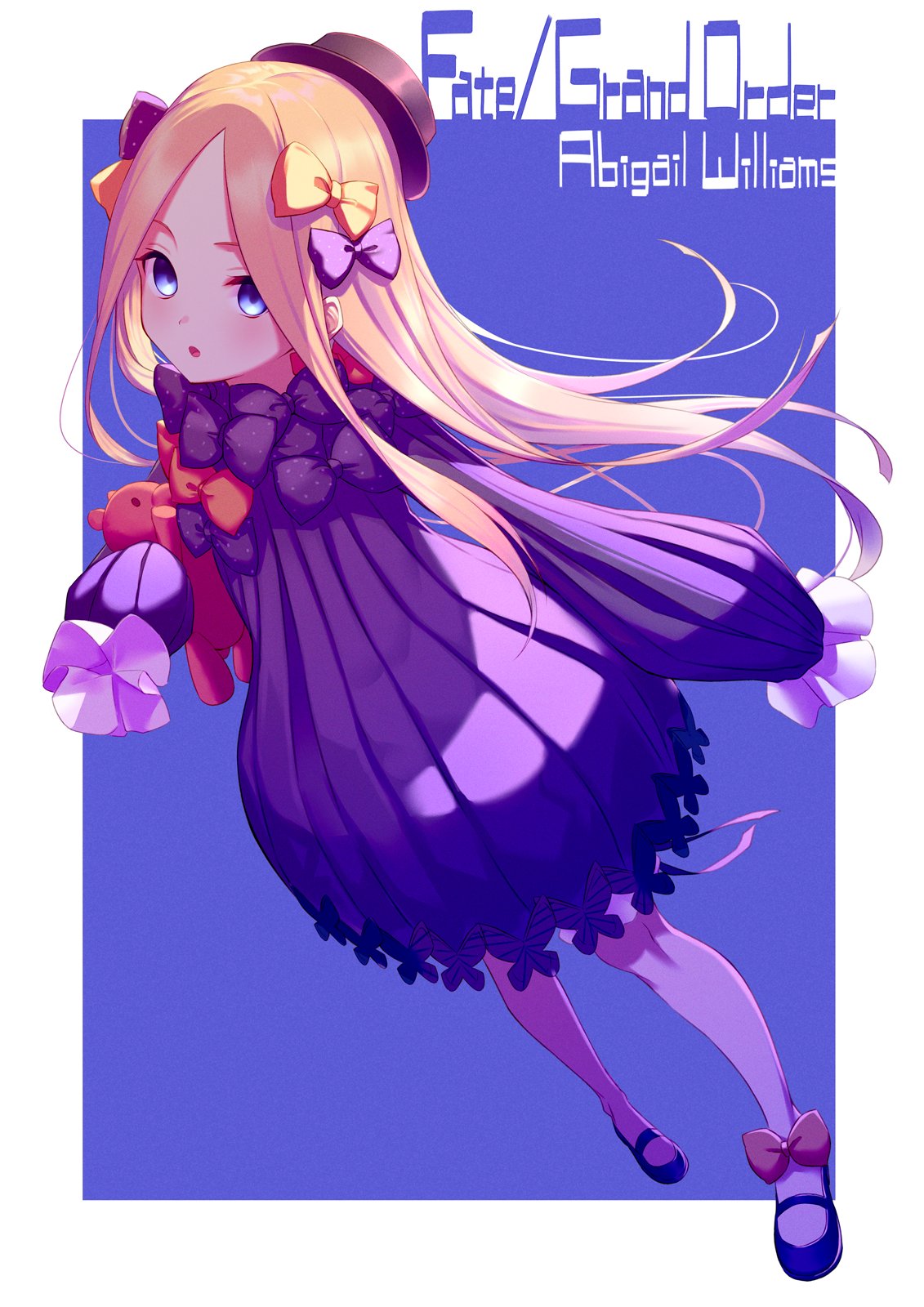 1girl abigail_williams_(fate/grand_order) backlighting bangs black_bow black_dress black_footwear black_headwear blonde_hair blue_background blue_eyes border bow breasts character_name copyright_name dress fate/grand_order fate_(series) fifty1202 forehead hair_bow hat highres loafers long_hair multiple_bows open_mouth orange_bow parted_bangs polka_dot polka_dot_bow ribbed_dress shoes sleeves_past_fingers sleeves_past_wrists small_breasts solo stuffed_animal stuffed_toy teddy_bear white_bloomers white_border