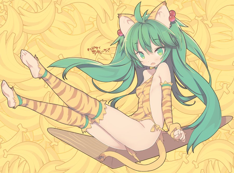 1girl animal_ears banana barefoot blade_(galaxist) blush breasts cham_cham eyebrows_visible_through_hair fang food fruit green_eyes green_hair hair_ornament kneehighs looking_at_viewer orange_legwear samurai_spirits skin_fang small_breasts snk solo striped striped_legwear tail tiger_ears tiger_tail twintails yellow_background
