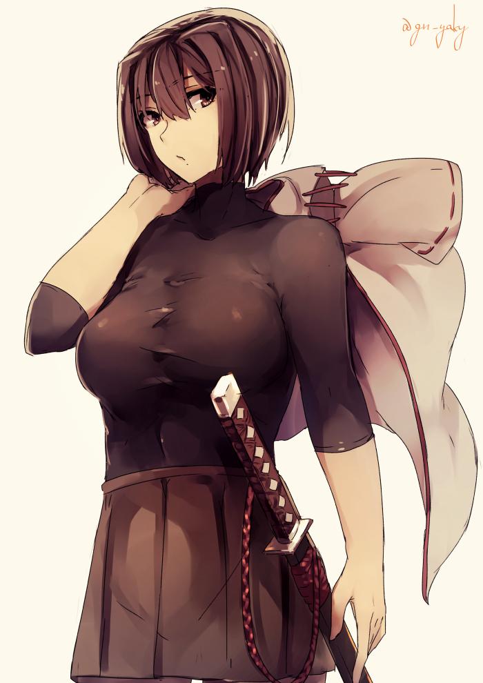 1girl bodystocking brown_hair character_request closed_mouth cowboy_shot dark_skin eyebrows_visible_through_hair hair_between_eyes kantai_collection katana kyouya_(mukuro238) looking_at_viewer pleated_skirt scabbard sheath sheathed short_hair short_sleeves simple_background skirt solo standing sword twitter_username weapon white_background