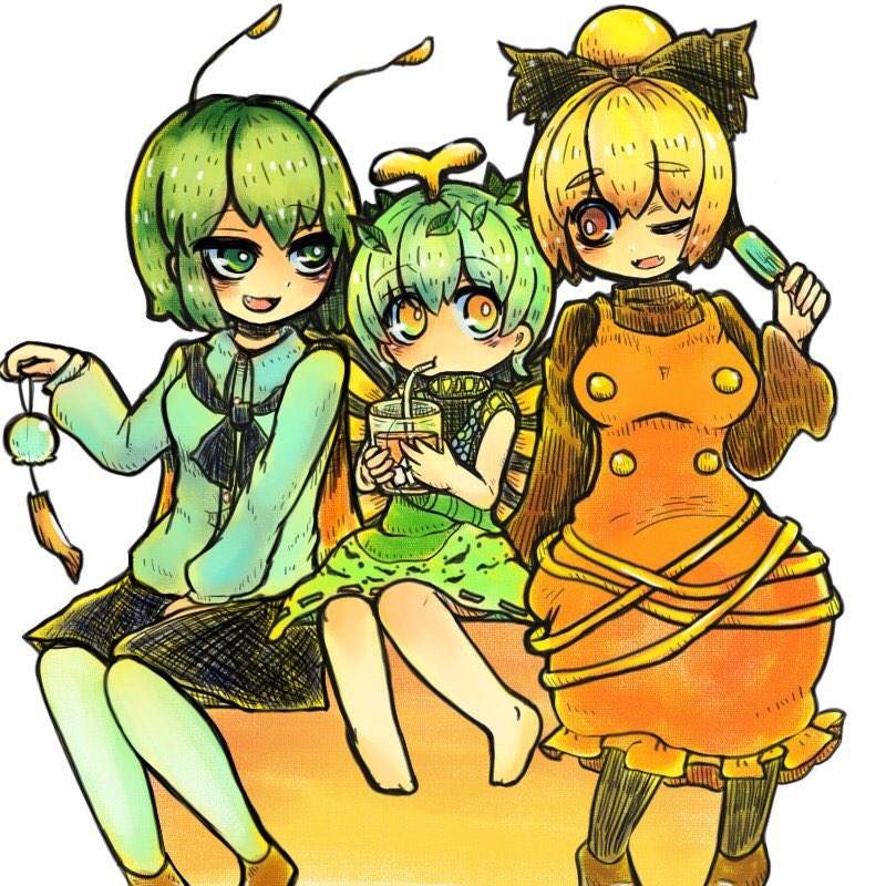 3girls antennae bangs barefoot black_shirt black_skirt blonde_hair brown_eyes brown_footwear cape collared_shirt dress drink drinking drinking_straw eternity_larva eyebrows_visible_through_hair green_dress green_eyes green_hair kurodani_yamame leaf long_sleeves medium_hair mokumoku22 multiple_girls one_eye_closed open_mouth orange_dress shirt simple_background sitting skirt smile touhou white_background white_legwear white_shirt wriggle_nightbug yellow_eyes