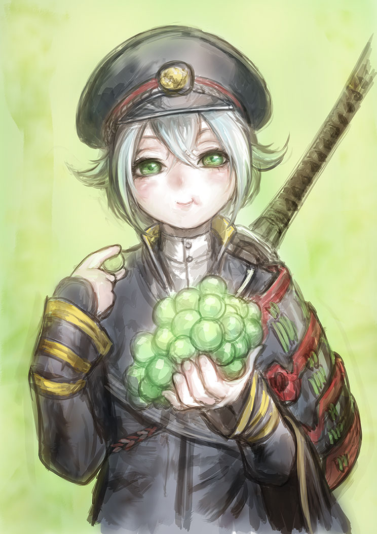 1boy armor black_headwear blush closed_mouth commentary_request eating fingernails food fruit fujii_eishun grapes green_background green_eyes hair_between_eyes hat holding holding_food hotarumaru male_focus military military_uniform pauldrons short_hair sketch solo sword touken_ranbu turtleneck uniform weapon weapon_on_back white_hair