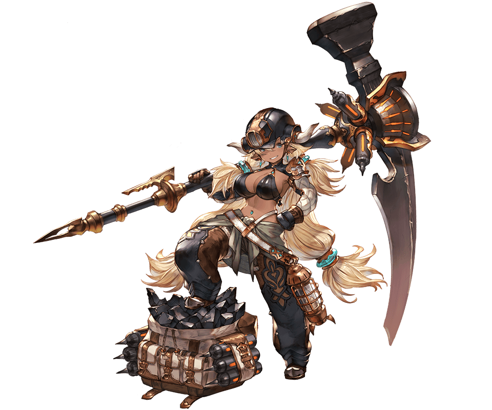 1girl almeida_(granblue_fantasy) bikini_top blonde_hair blue_eyes dark_skin draph earrings full_body granblue_fantasy hammer hardhat helmet holding holding_weapon huge_weapon jewelry lantern looking_at_viewer minaba_hideo navel_piercing official_art piercing scythe solo transparent_background weapon