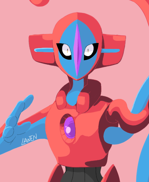 commentary creature deoxys english_commentary gen_3_pokemon lawen looking_at_viewer no_humans pink_background pokemon pokemon_(creature) signature simple_background solo upper_body