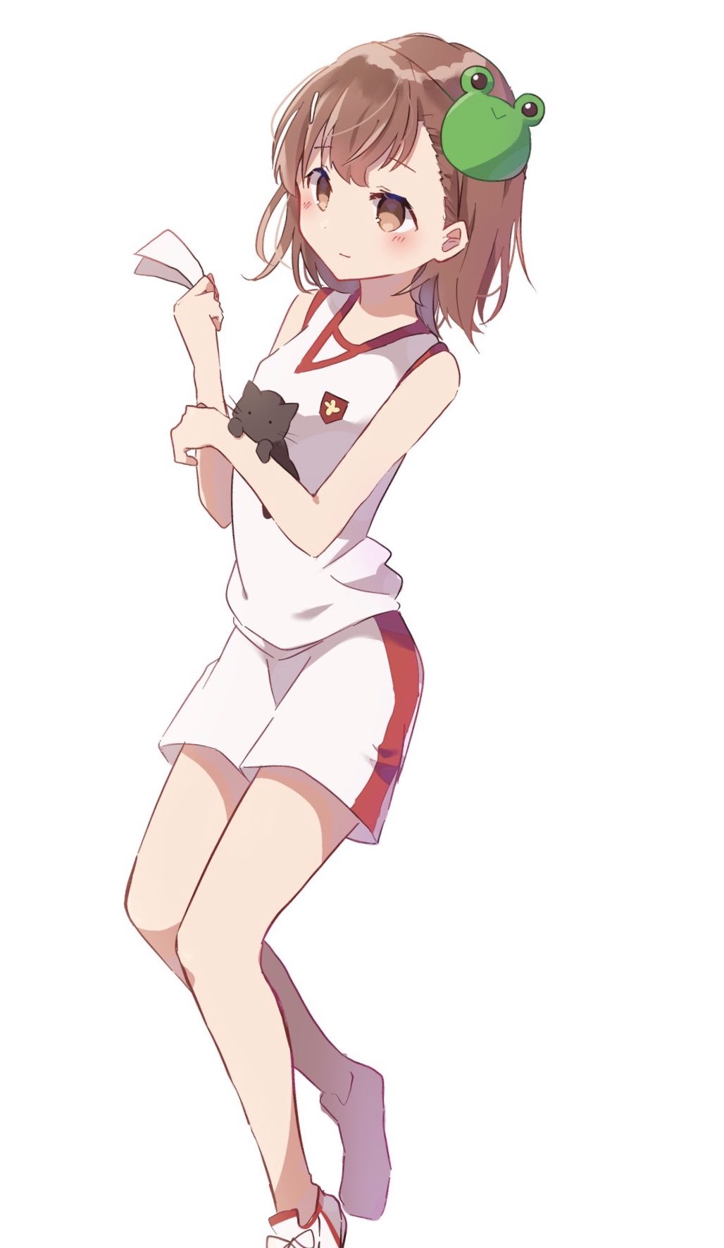 1girl brown_eyes brown_hair commentary_request gekota gym_uniform highres himaneko. mask misaka_imouto paper shirt shoes short_hair shorts simple_background sleeveless sleeveless_shirt sneakers solo to_aru_kagaku_no_railgun to_aru_majutsu_no_index white_background white_footwear white_shirt white_shorts