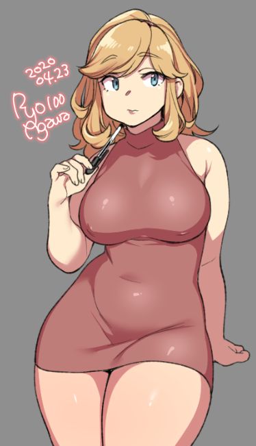 1girl 2020 agawa_ryou artist_name bare_shoulders blonde_hair blue_eyes breasts brown_dress commentary curvy dated dress eyebrows_visible_through_hair grey_background large_breasts looking_at_viewer original pen short_hair signature simple_background solo wide_hips