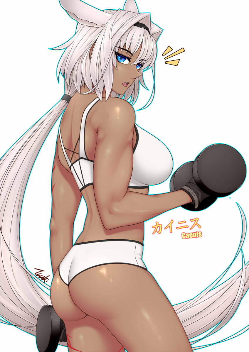 1girl ass back bangs bare_shoulders bikini black_gloves blue_eyes body_markings breasts caenis_(fate) character_name dark_skin dumbbell fate/grand_order fate_(series) gloves hair_intakes hairband highres large_breasts long_hair looking_at_viewer looking_back open_mouth ponytail ryu_seung simple_background solo sports_bikini swimsuit tattoo thighs weightlifting white_background white_bikini white_hair