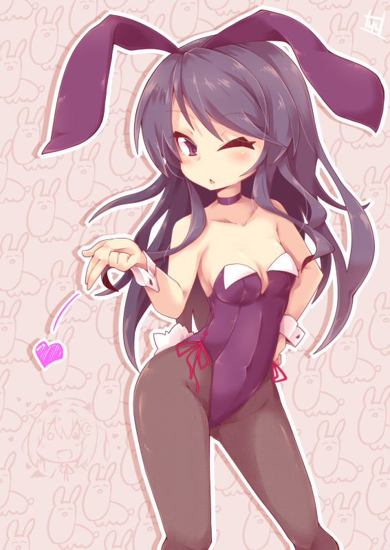 1girl animal_ears bangs bare_arms bare_shoulders black_hair black_legwear blush bunny_tail bunnysuit choker collarbone covered_navel eyebrows_visible_through_hair groin gundou_mirei hand_on_hip heart leotard long_hair nijisanji one_eye_closed pantyhose parted_lips purple_choker purple_leotard rabbit_ears reku solo strapless strapless_leotard tail very_long_hair violet_eyes wrist_cuffs yuzuki_roa